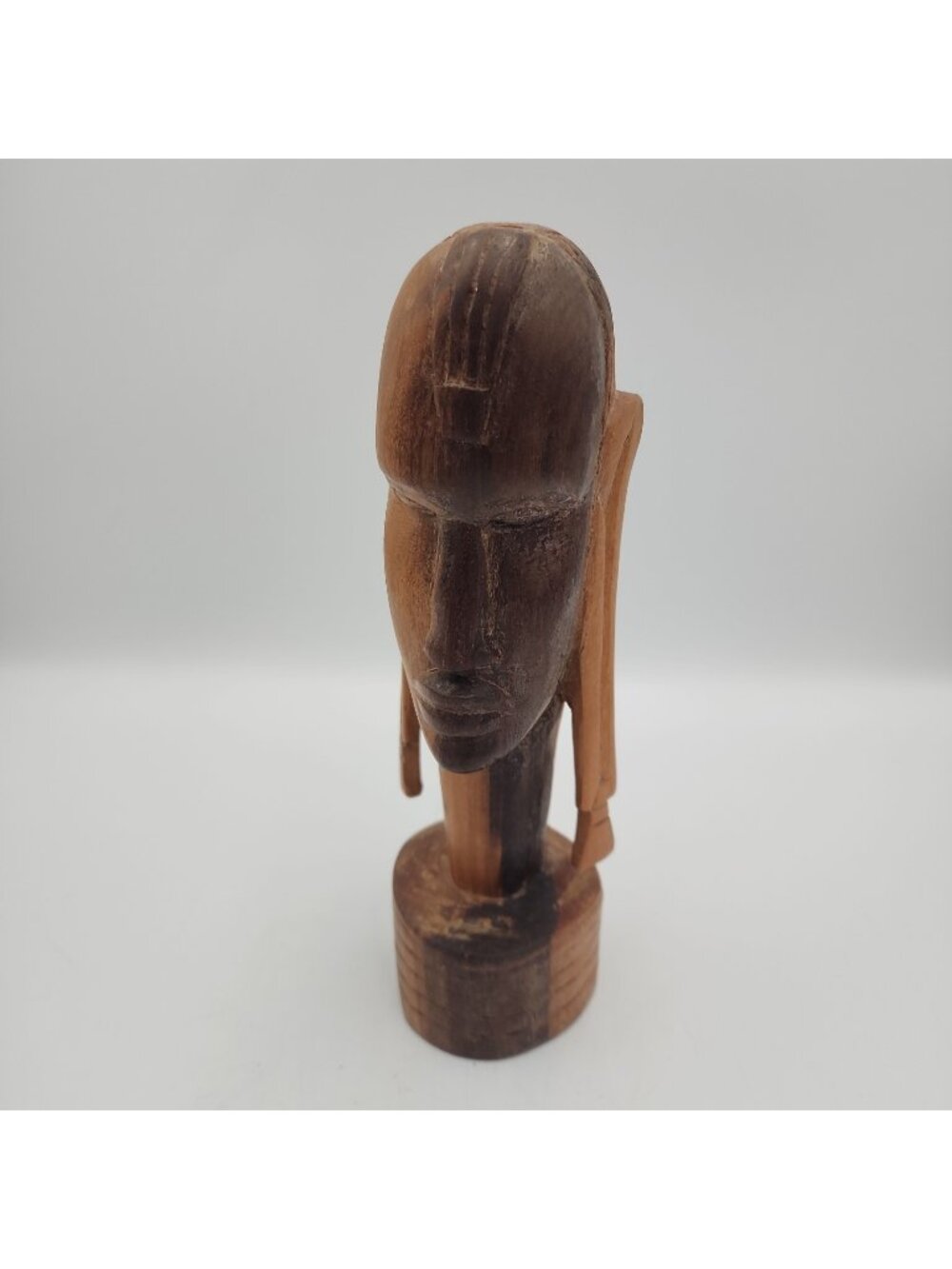 Vintage Wooden Hand Carved African Tribal Head Bust Statue Sculpture Folk Art